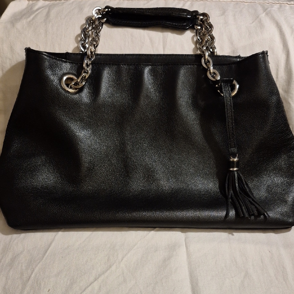 Danier Black Leather Shoulder Bag with Silver Chain Handles